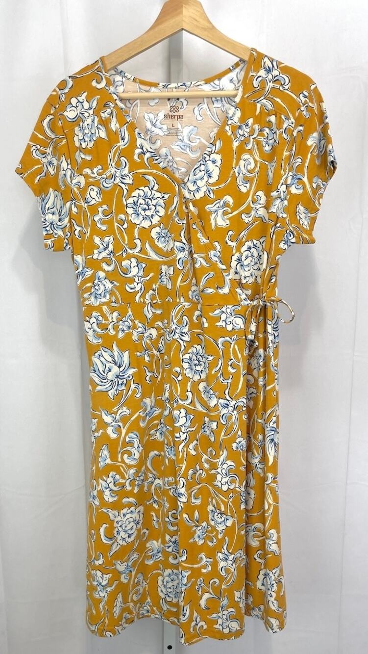 SHERPA Adventure Gear Padma Faux Wrap Dress Short Sleeve Yellow Orange Size L